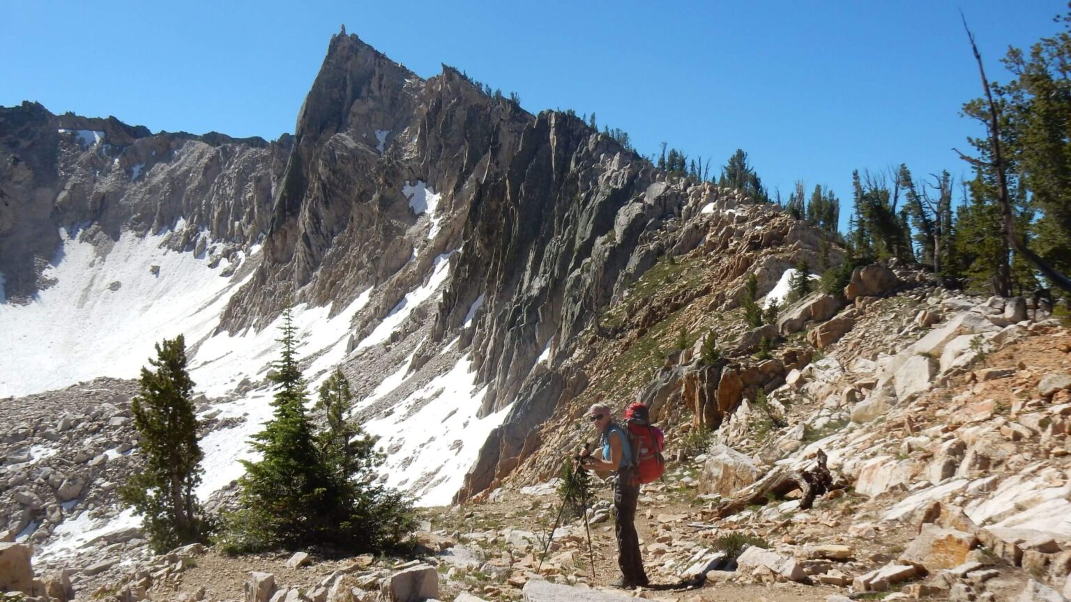 Sawtooth Wilderness, pass below The Temple, July