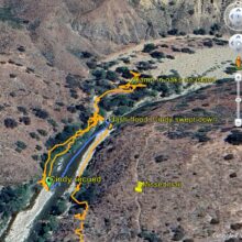 David's orange GPS track on map of flash flood surge, June 2024 imagery.