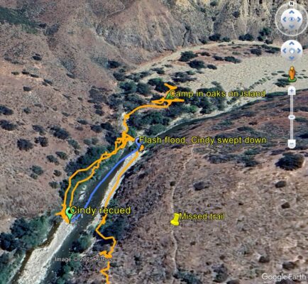 David's orange GPS track on map of flash flood surge, June 2024 imagery.