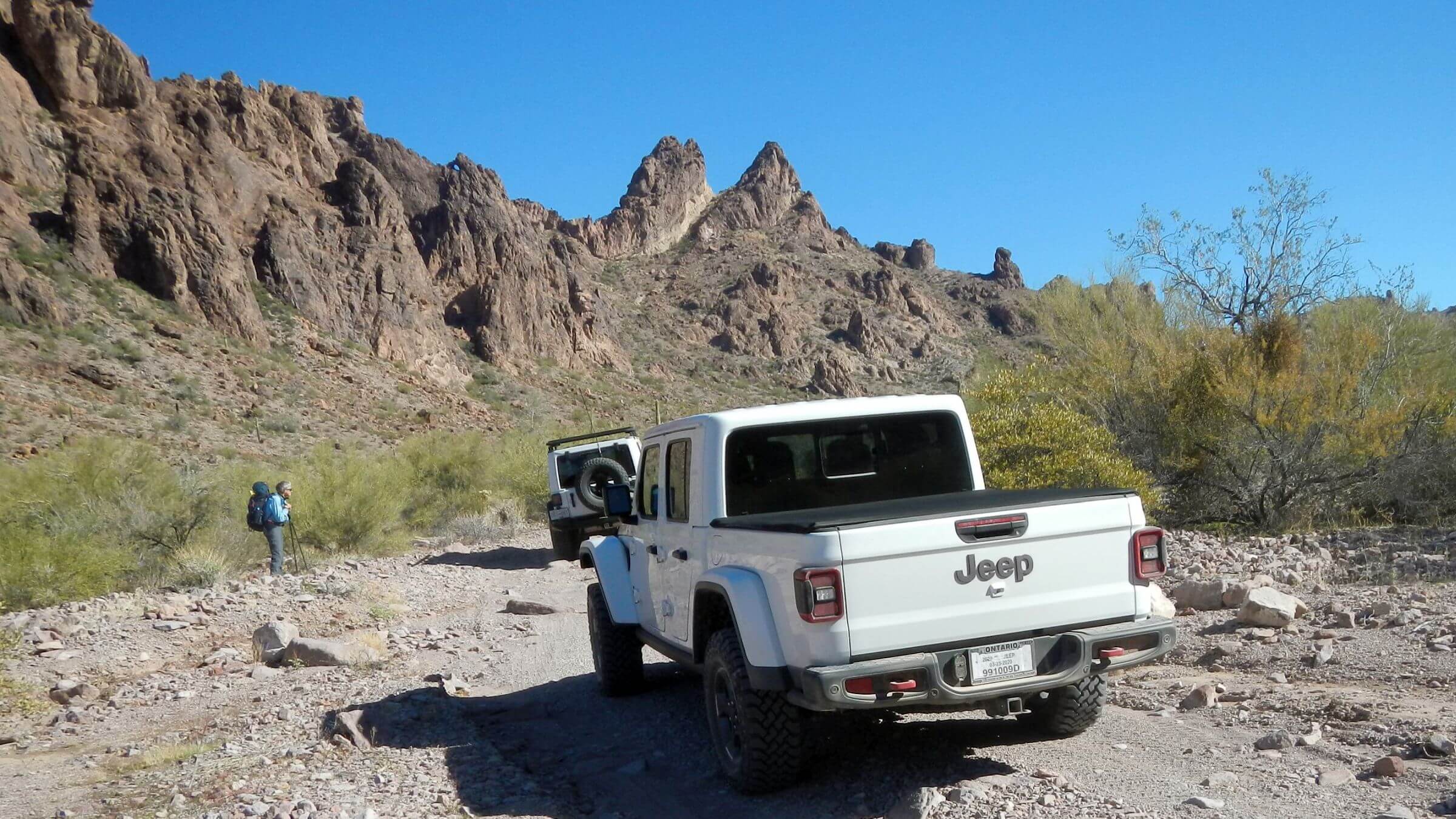 Kofa Wilderness backpacking, vehicles share Queen Canyon Road, January