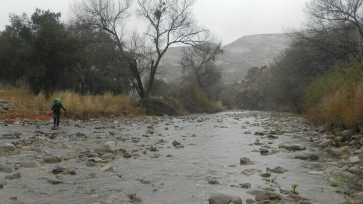 Rainy Sisquoc River crossing before flood surge.